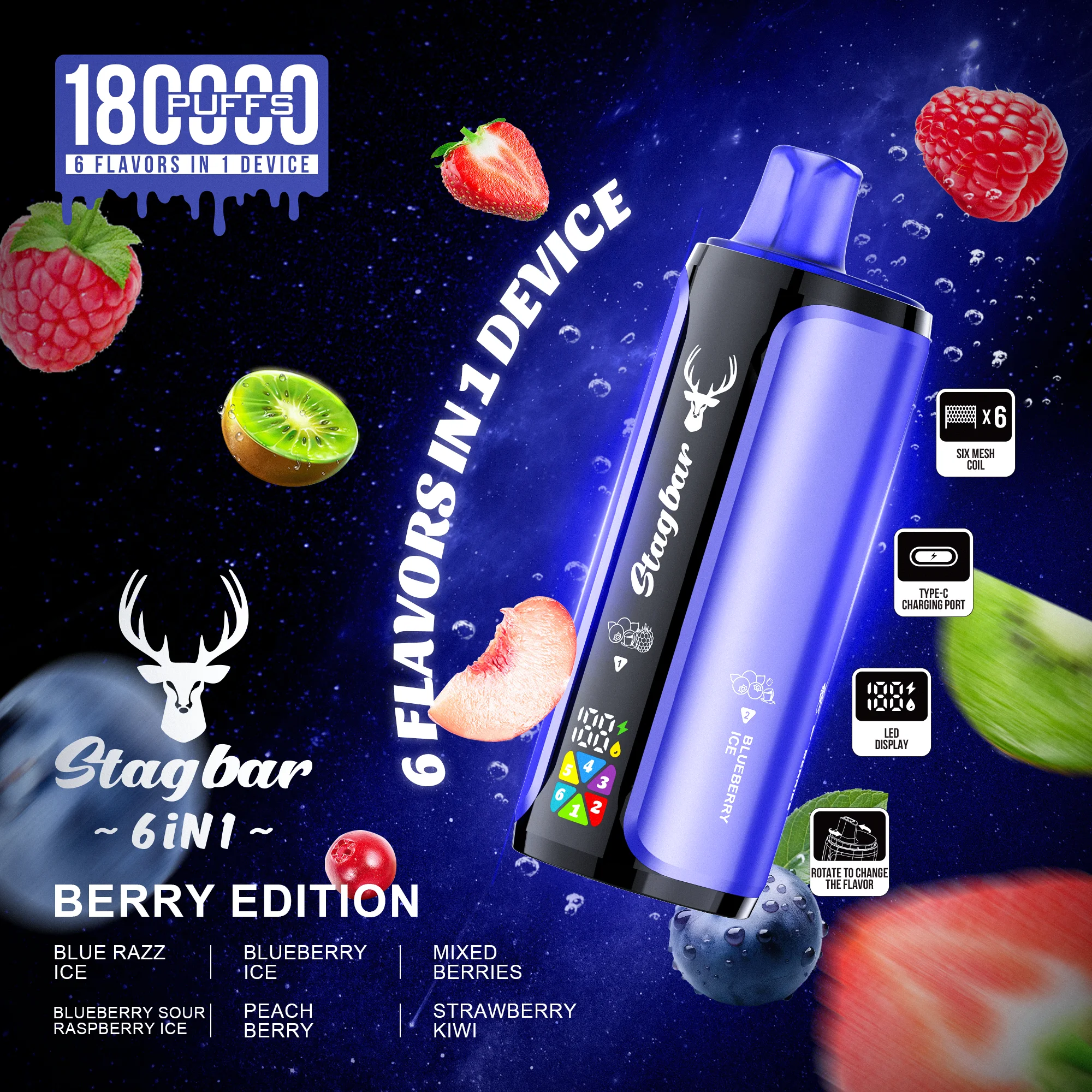 BLUE RAZZ ICE & BLUEBERRY ICE & MIXED BERRIES & BLUEBERRY SOUR RASPBERRY ICE & PEACH BERRY & STRAWBERRY KIWI