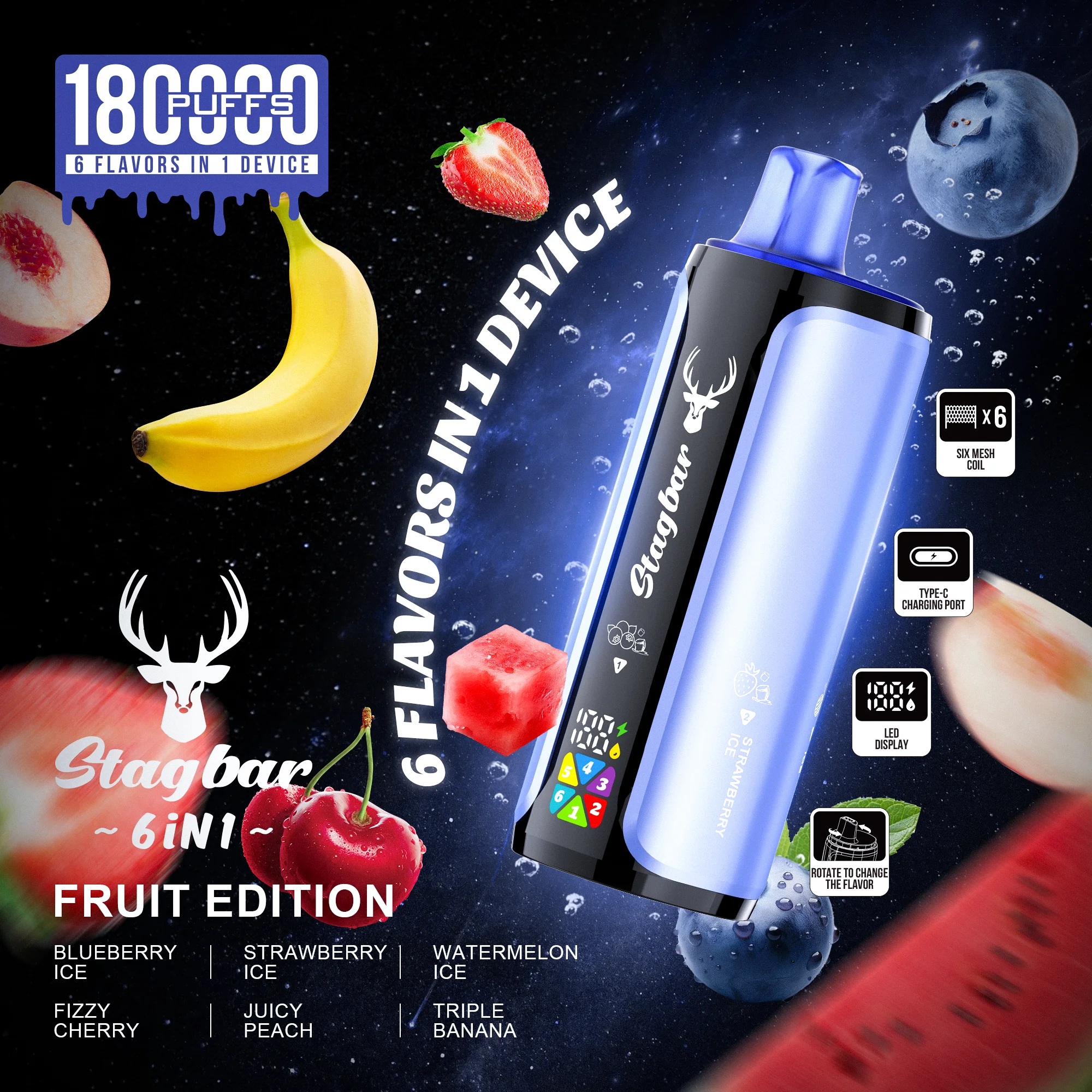 BLUEBERRY ICE & STRAWBERRY ICE & WATERMELON ICE & FIZZY CHERRY & JUICY PEACH & TRIPLE BANANA