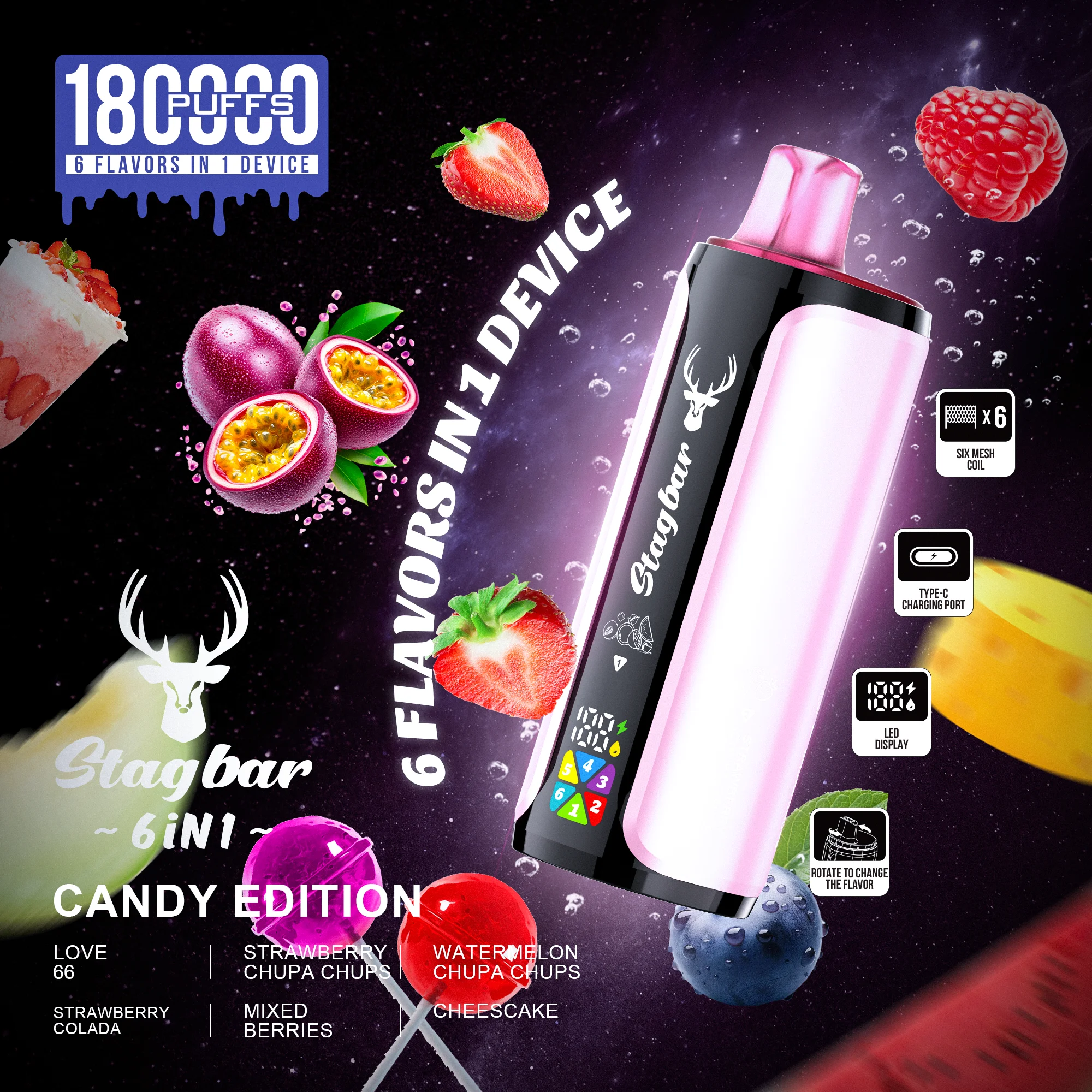 LOVE 66 & STRAWBERRY CHUPA CHUPS & WATERMELON CHUPA CHUPS & STRAWBERRY COLADA & MIXED BERRIES & CHEESECAKE