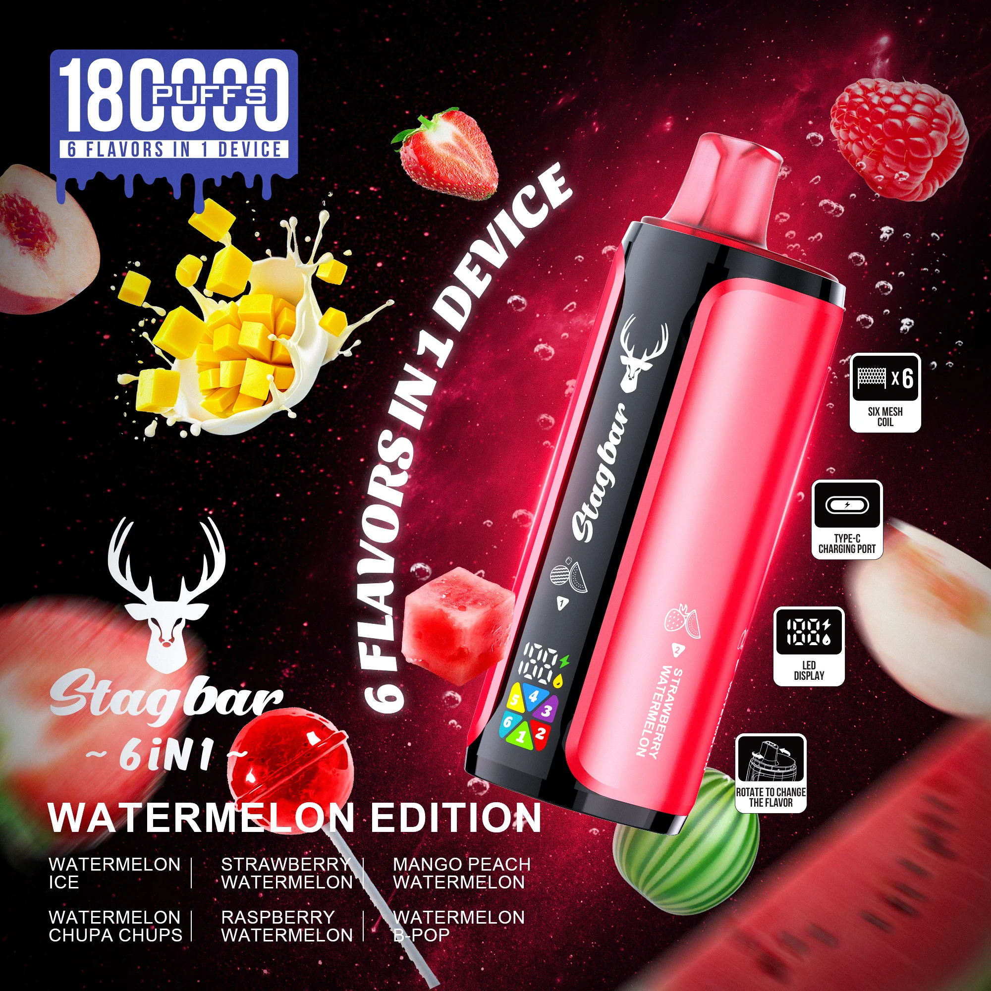 WATERMELON ICE & STRAWBERRY WATERMELON & MANGO PEACH WATERMELON & WATERMELON CHUPA CHUPS & RASPBERRY WATERMELON & WATERMELON B-POP